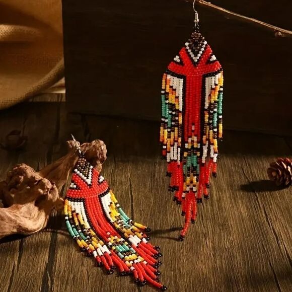 Handmade Native American-Style Beaded Tassel Fashion* Earrings Extra Long 1 pair - Picture 14 of 17
